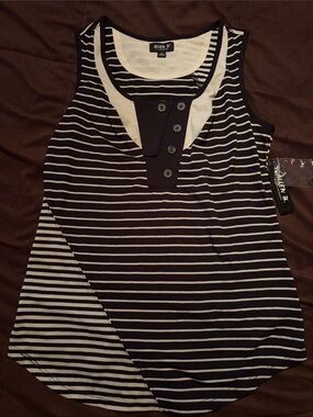 Allen B. By Allen Schwartz Black and White Striped Sleeveless Henley Tank